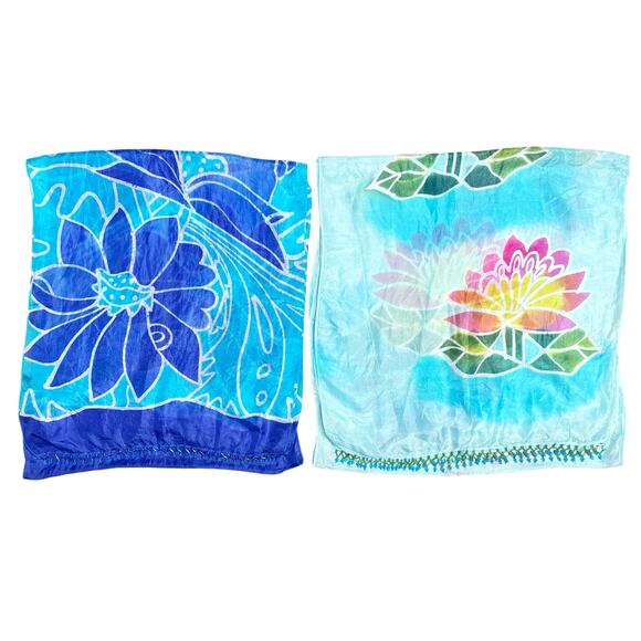 SET OF TWO Floral Hand-Painted Silk Scarves with Beaded Trim Lotus Water Lily - Picture 6 of 8